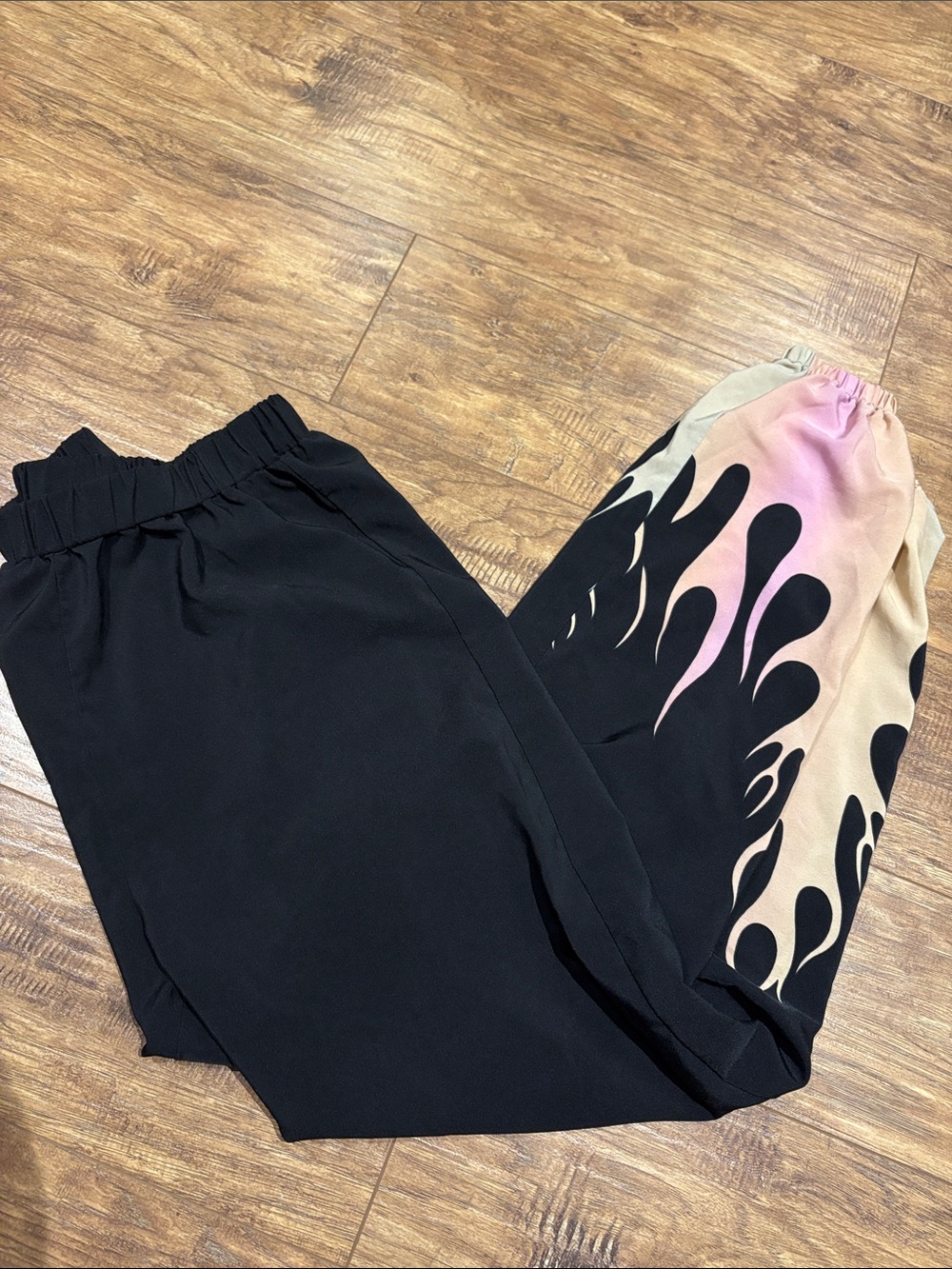 SHEIN Black lightweight pants with Pink and Cream Flame Sleeve